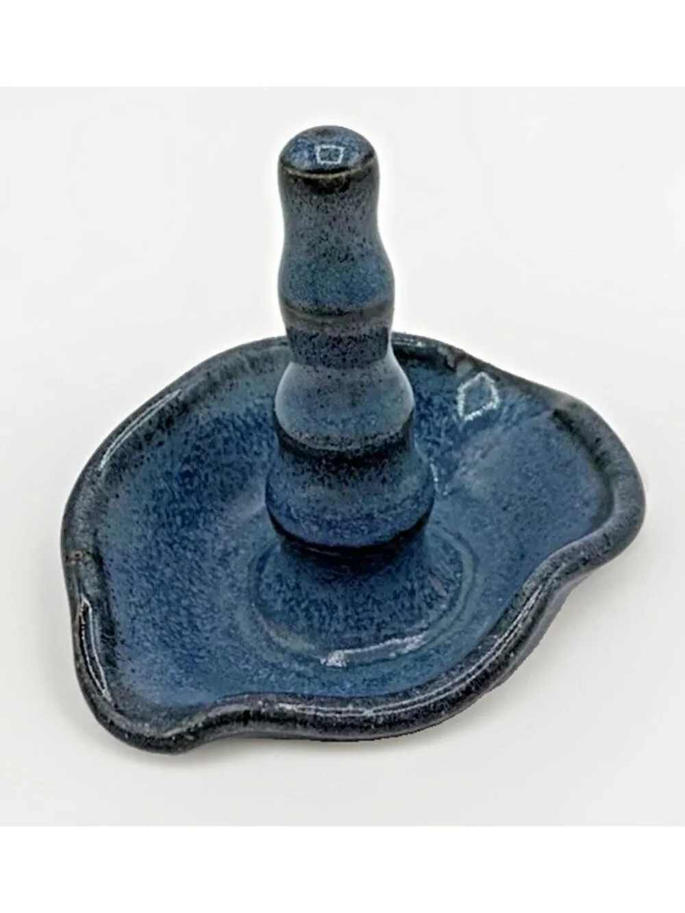 Vintage Studio Pottery Ring Holder Dish Blue Gray Glazed Ruffled Edge Signed